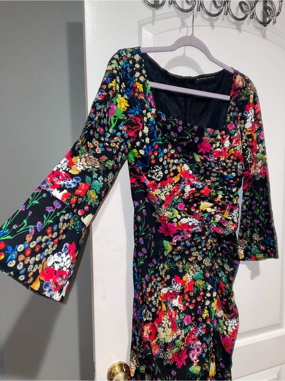 Etro Black Multicolor Floral Ruched Asymmetric Midi Dress 🖤 size 8 - Picture 5 of 9